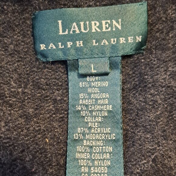 Lauren Ralph Lauren Gray Merino Wool Button Up Sweater Faux Fur Collar Large - Picture 5 of 5
